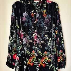 Soft Surroundings | Black Floral Velvet Button-Up Top 1X